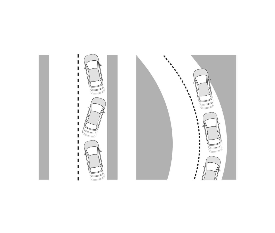 ajuda de posicionamento da fita. sistema de rastreamento de pista de carro. colocar o veículo no sistema rodoviário é ativo e passivo. desenho de esboço moderno. ícone de linha editável. vetor