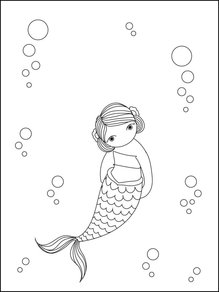 sereia nadando no oceano. desenho de sereia para colorir. livro de colorir do mundo subaquático. vetor