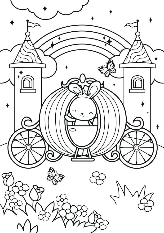 desenhos de princesa coelhinho na carruagem no castelo para colorir vetor