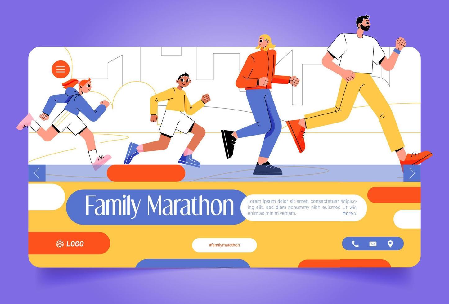 banner de maratona familiar com corrida de pessoas felizes vetor