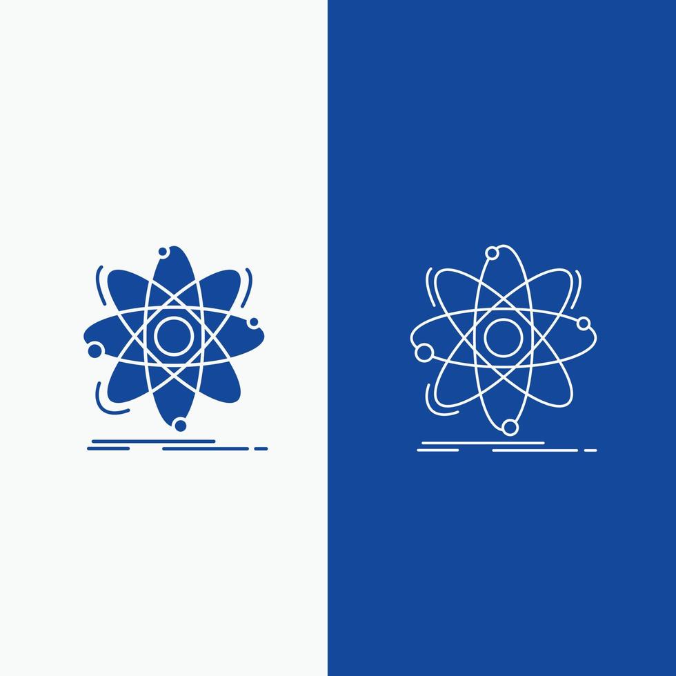 átomo, ciência, química, física, linha nuclear e botão web glifo em banner vertical de cor azul para ui e ux, site ou aplicativo móvel vetor