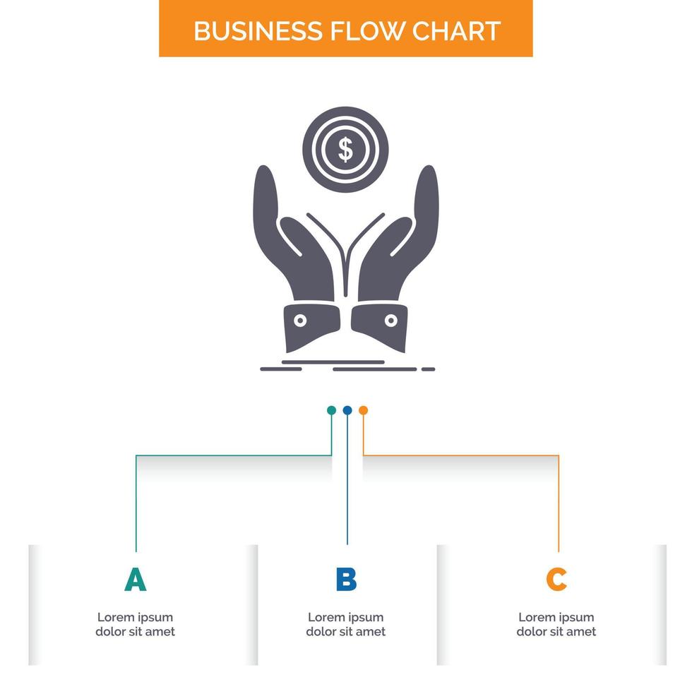 moeda. mão. pilha. dólar. projeto de fluxograma de negócios de renda com 3 etapas. ícone de glifo para lugar de modelo de plano de fundo de apresentação para texto. vetor