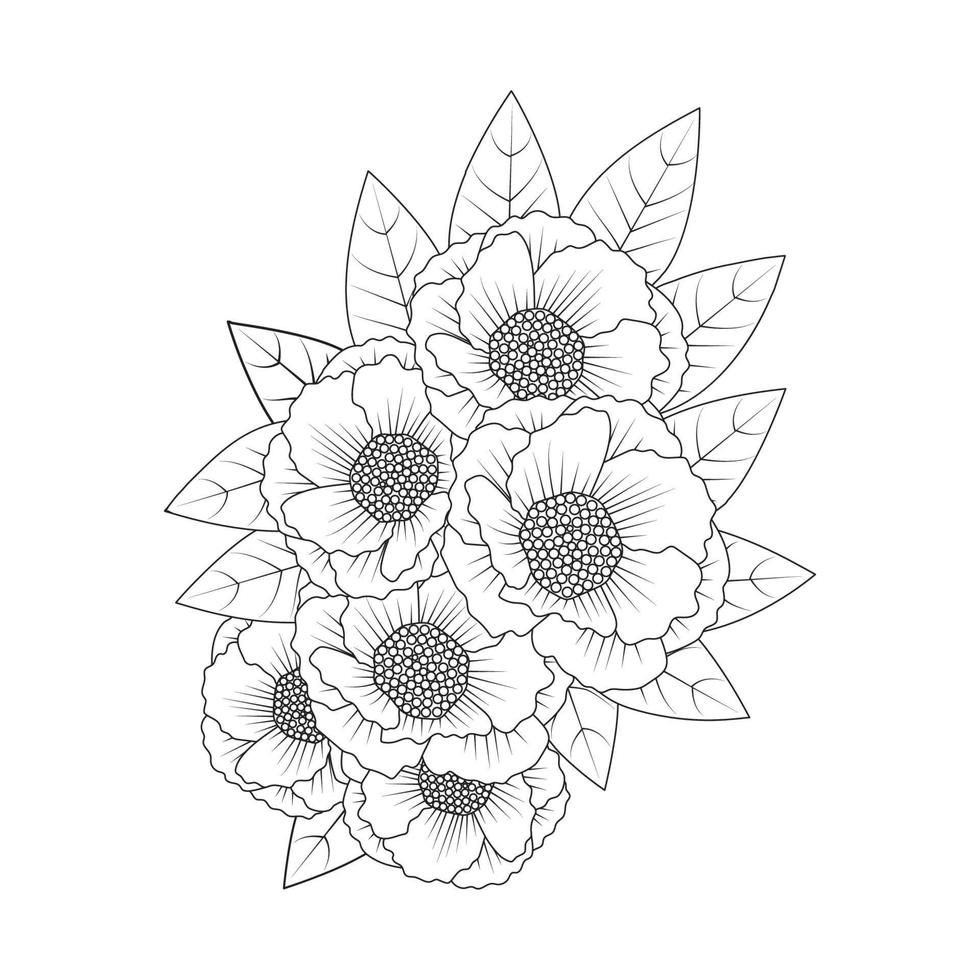 arte de doodle de buquê de flores de peônia de contorno de página de coloração de flores gráfico de vetor isolado fundo