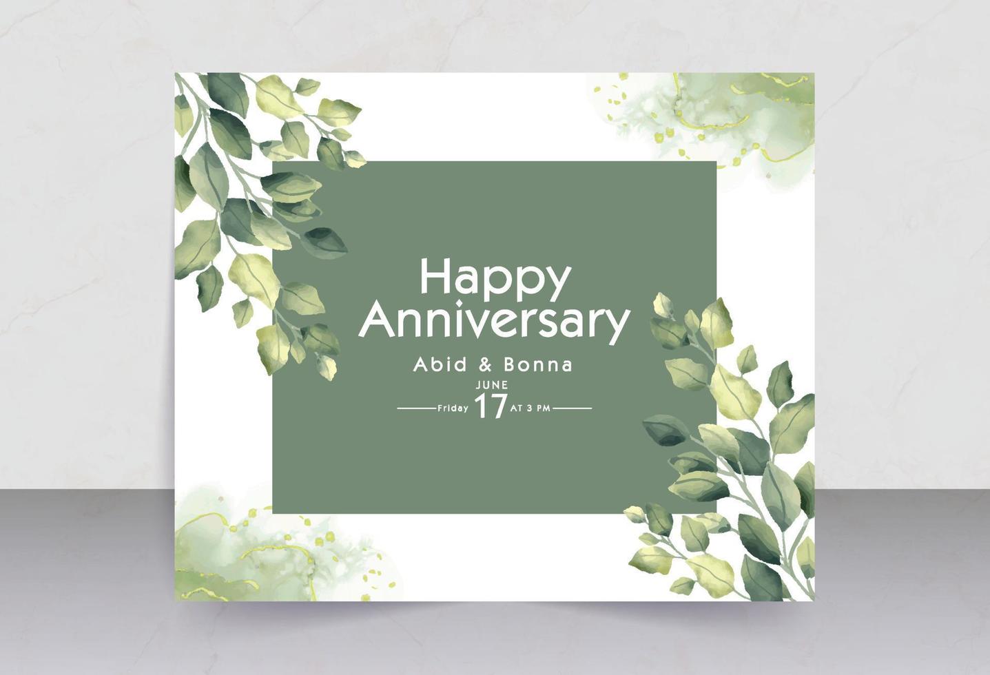 folhas verdes com cartão de aniversário de estilo de moldura de foto vetor
