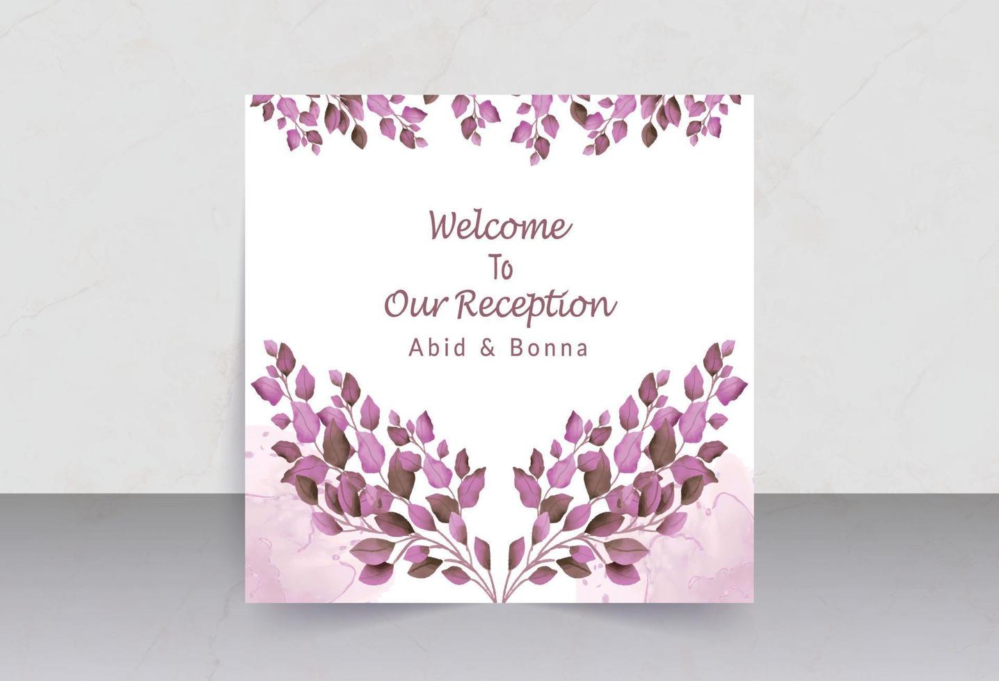 folhas de árvore rosa com cartão de recepção de casamento de fundo aquarela vetor