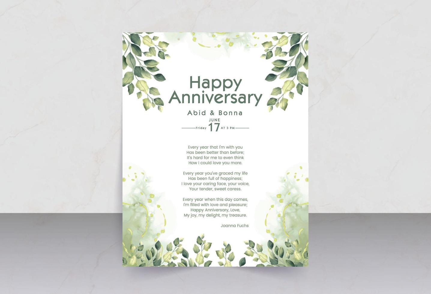 folhas verdes com cartão de aniversário de fundo aquarela esfumaçado vetor
