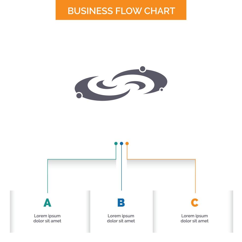 galáxia. astronomia. planetas. sistema. design de fluxograma de negócios do universo com 3 etapas. ícone de glifo para lugar de modelo de plano de fundo de apresentação para texto. vetor
