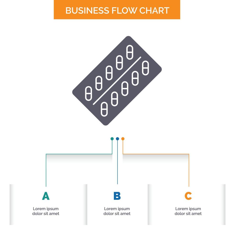 medicamento. comprimido. drogas. tábua. design de fluxograma de negócios de pacote com 3 etapas. ícone de glifo para lugar de modelo de plano de fundo de apresentação para texto. vetor