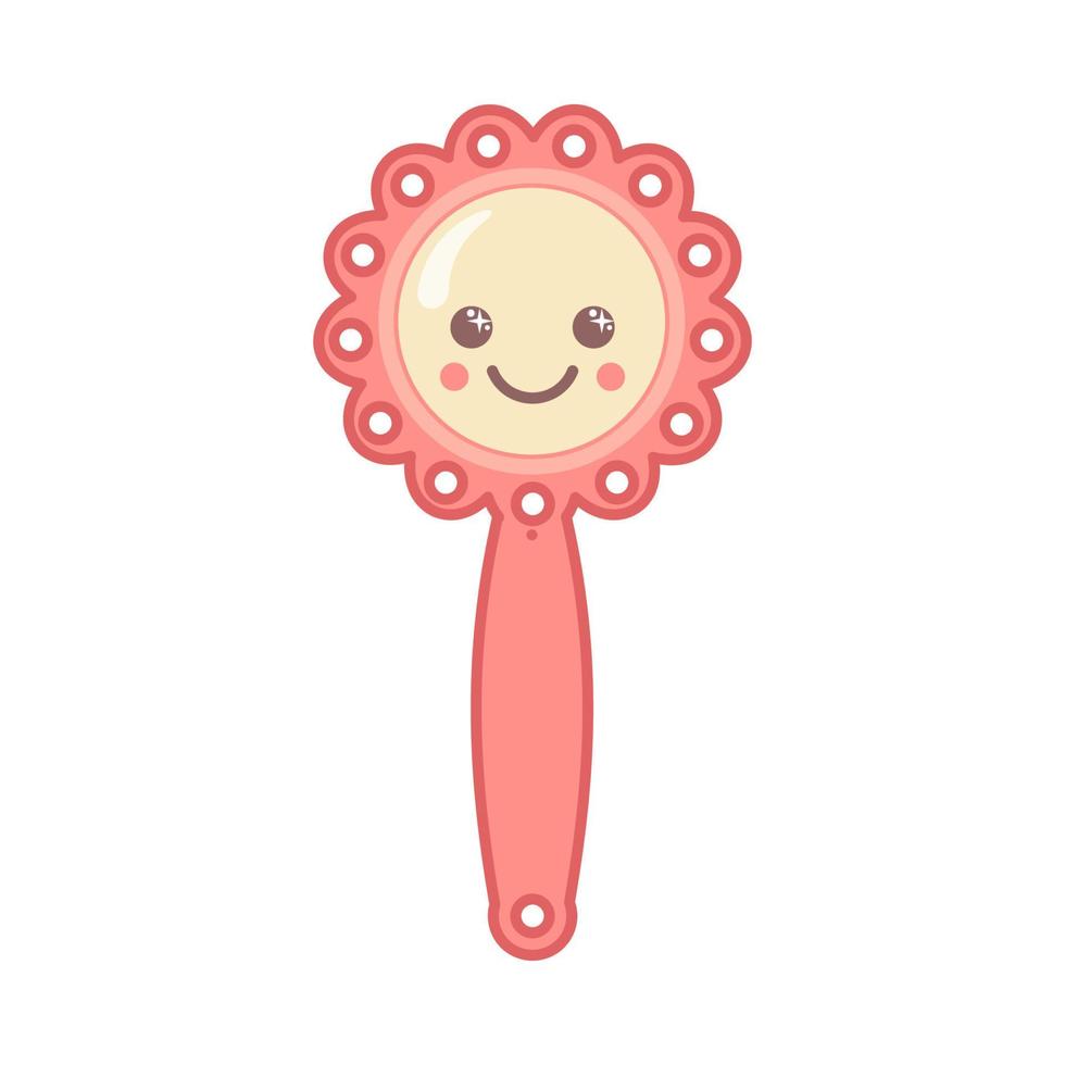 um lindo chocalho de bebê com cara kawaii com alça. um presente para recém-nascidos. ilustração vetorial. elemento de design para crianças, chá de bebê e decoração de berçário. vetor