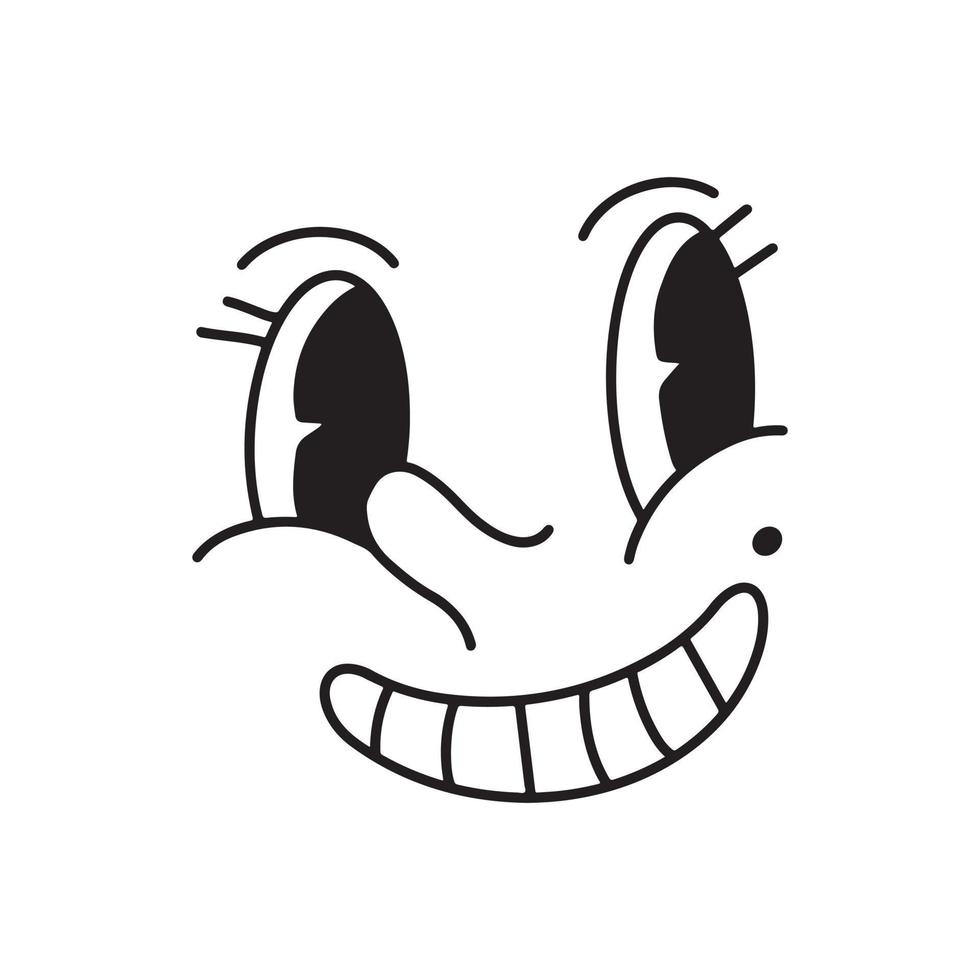 carinha feliz em quadrinhos dos desenhos animados retrô com sorriso. cara de doodle de tinta preta simples com olhos, nariz. cabeça de personagem de mascote antigo vintage imita desenho vetor