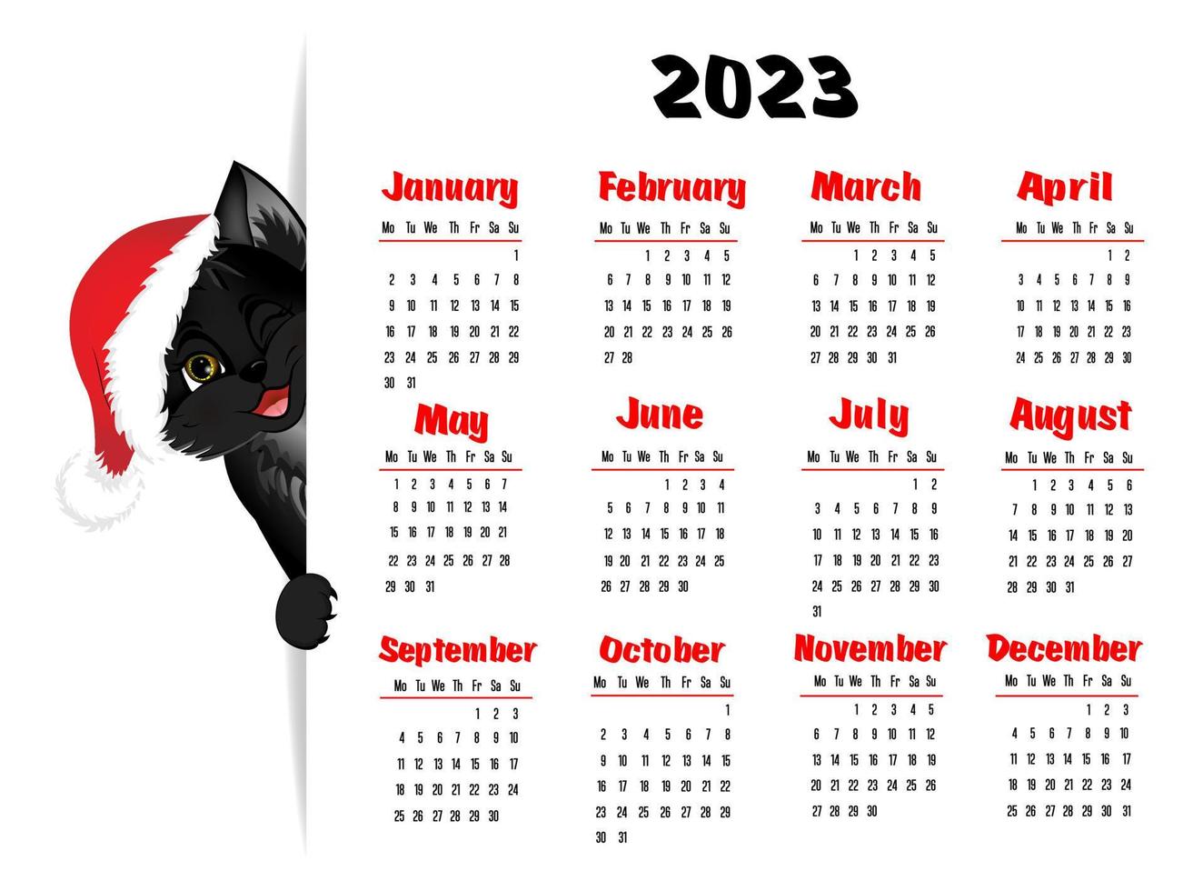 calendário 2023 com gato preto. gatinho bonitinho com chapéu de natal. semana começa na segunda-feira. vetor