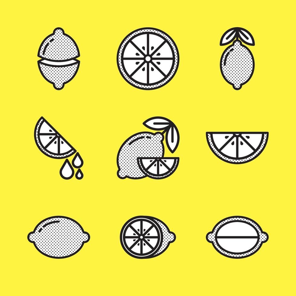 conjunto de ícones de limão. símbolo de contorno minimalista com preenchimento pontilhado, fundo amarelo. vetor plano simples de frutas frescas. limão, limonada, laranja, frutas cítricas e folhas. várias formas de objetos inteiros e fatias