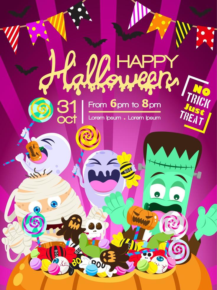 convite de cartaz de doces ou travessuras de festa de halloween feliz vetor