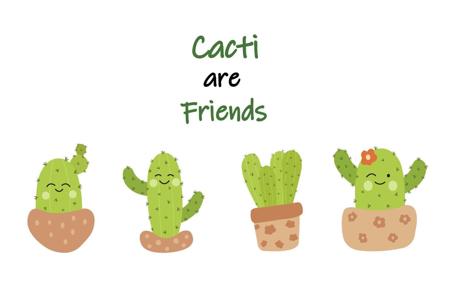 conjunto de ilustrações de cactos bonitos dos desenhos animados com caretas em potes e com cactos são mensagens de texto de amigos. pode ser usado para cartões, convites. vetor