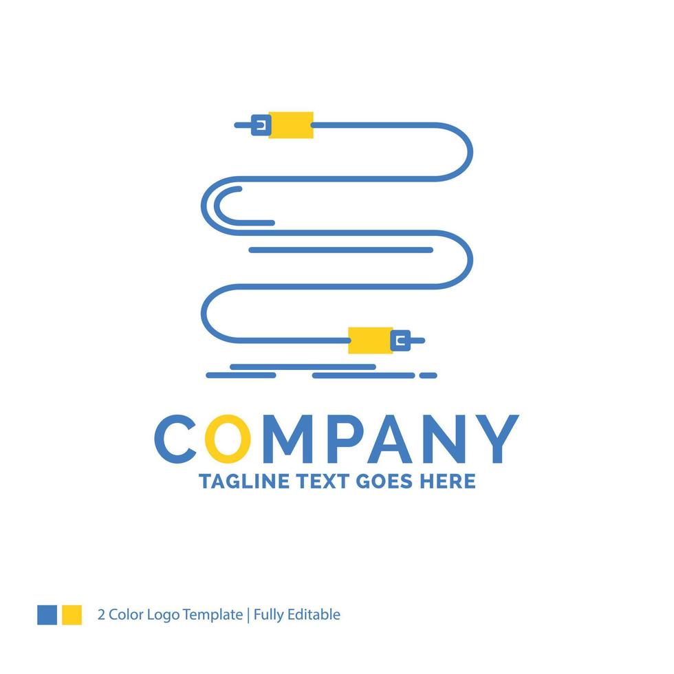 áudio, cabo, cabo, som, modelo de logotipo de negócios amarelo azul de fio. vetor