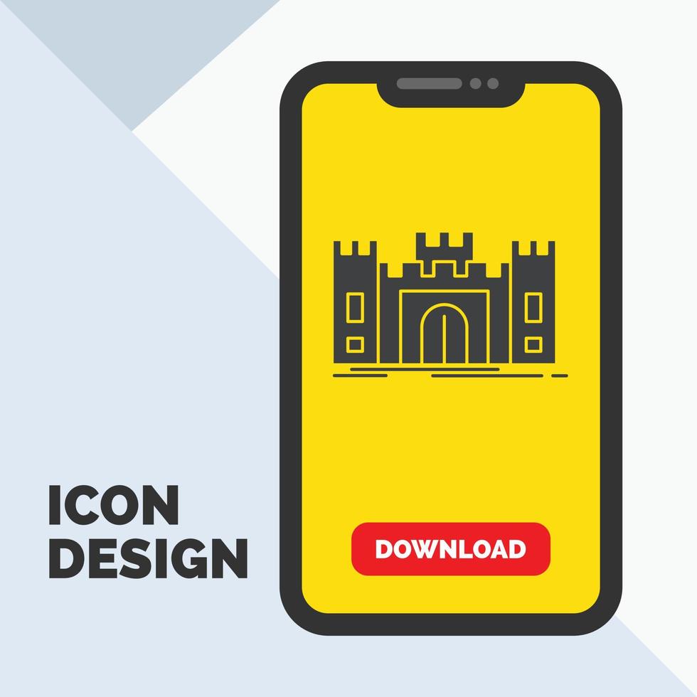 castelo, defesa, forte, fortaleza, ícone de glifo de marco no celular para página de download. fundo amarelo vetor
