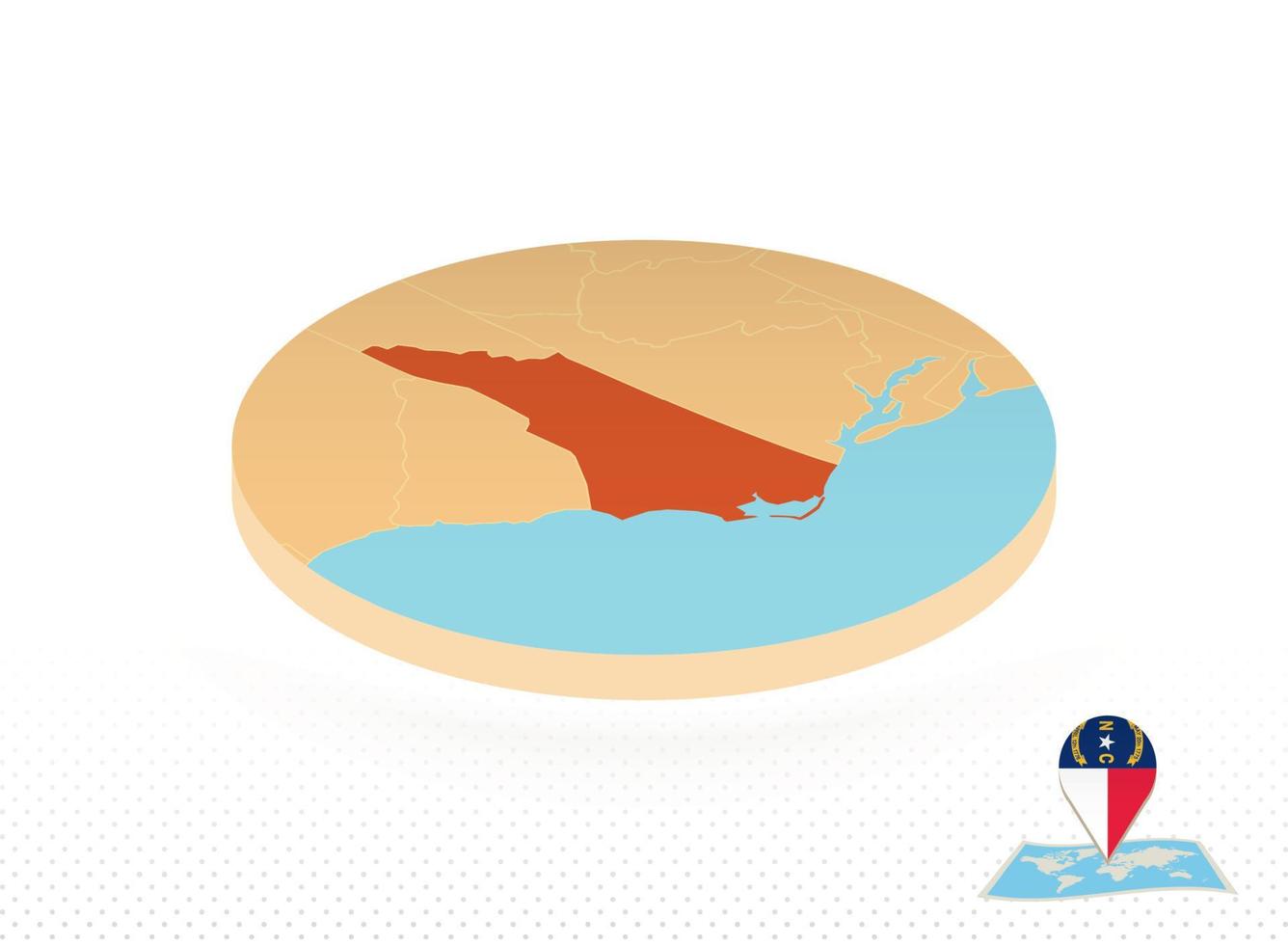 mapa do estado da carolina do norte projetado em estilo isométrico, mapa de círculo laranja. vetor