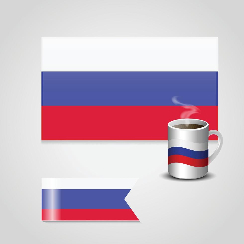 bandeira da rússia impressa na xícara de café e pequena bandeira vetor