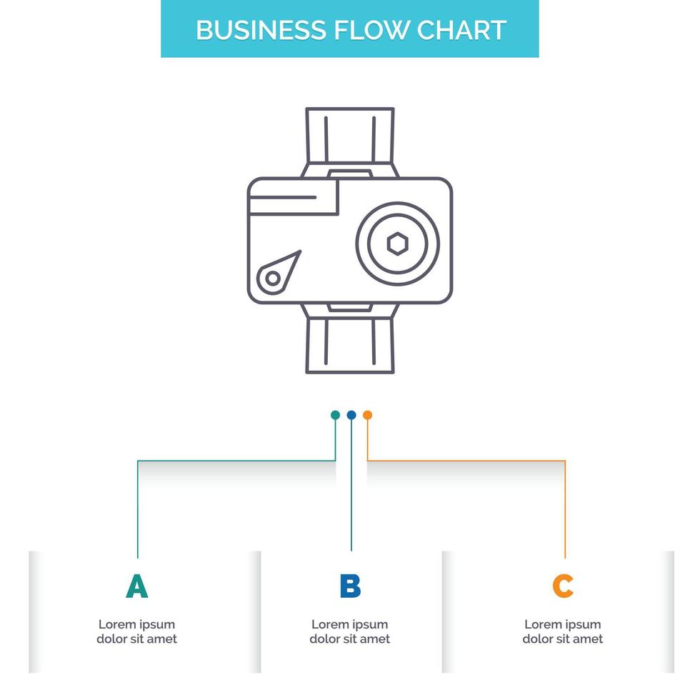 Câmera. ação. digital. vídeo. design de fluxograma de negócios de fotos com 3 etapas. ícone de linha para modelo de plano de fundo de apresentação lugar para texto vetor