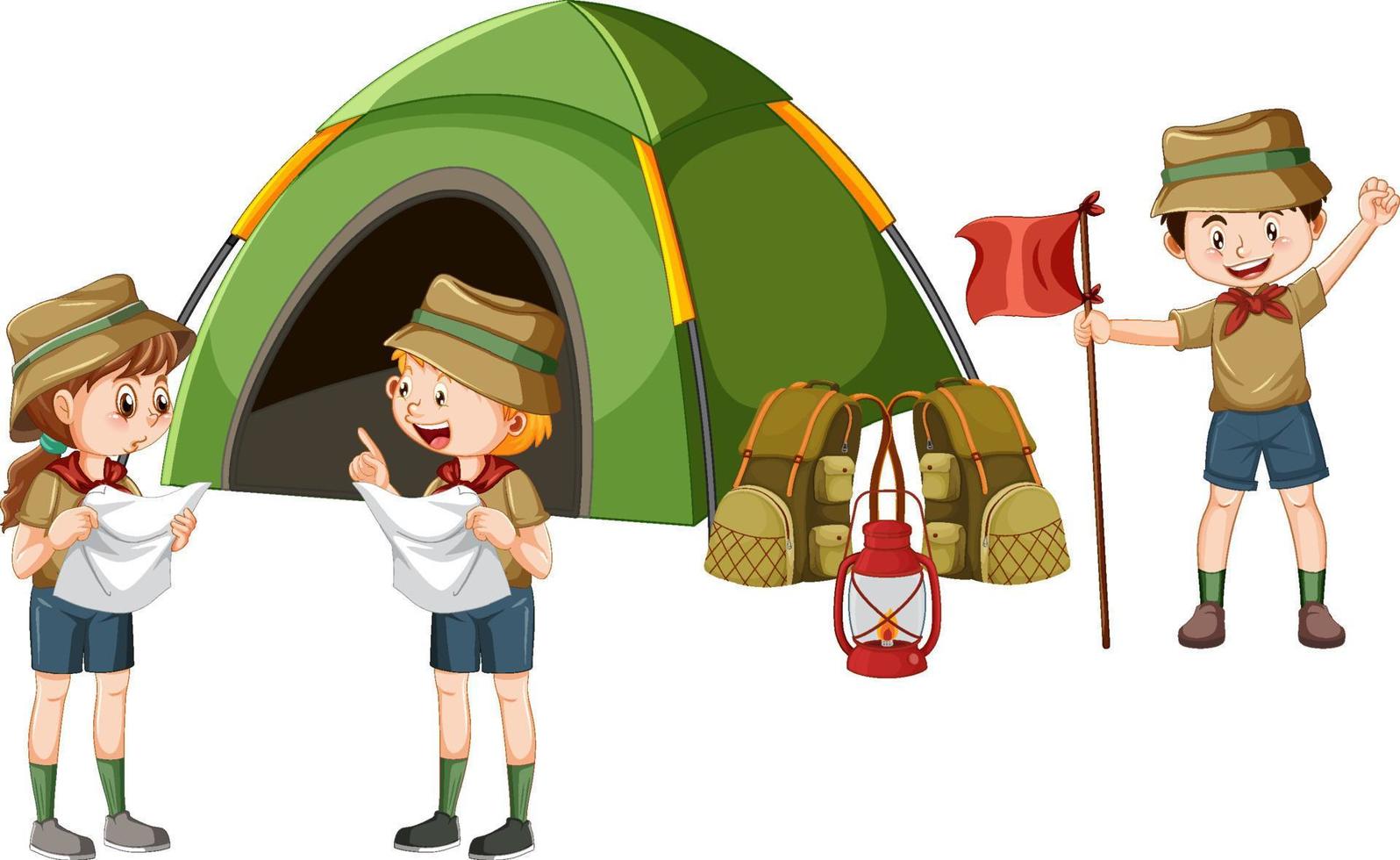 acampamento ao ar livre com personagem de desenho animado infantil vetor