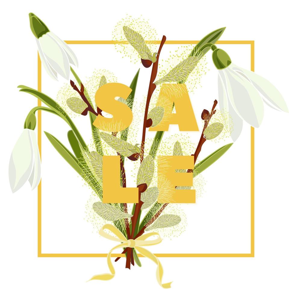 snowdrops florais e cartão colorido desenhado à mão de salgueiro. tipografia moderna com venda de texto vetor