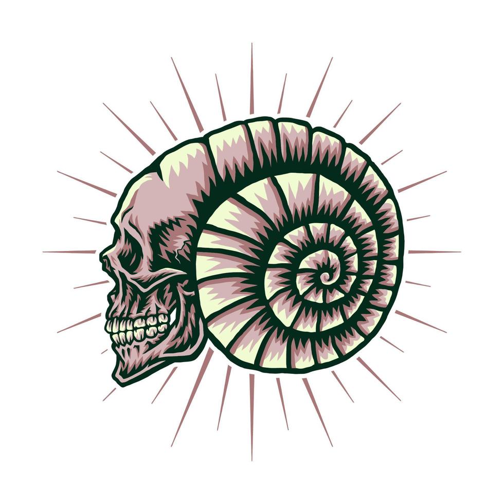 crânio de concha, linha desenhada à mão com cor digital, ilustração vetorial vetor