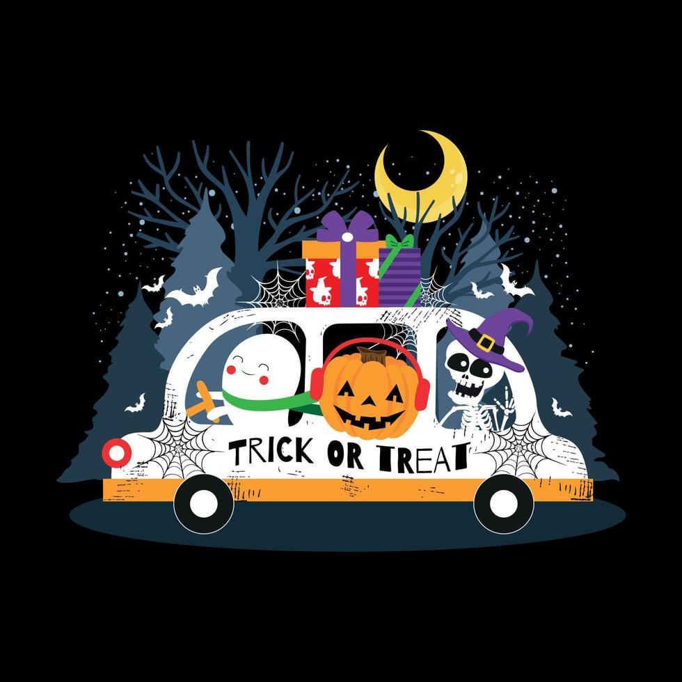 doçura ou travessura. ilustração de carro de halloween. cartão de feliz dia das bruxas vetor