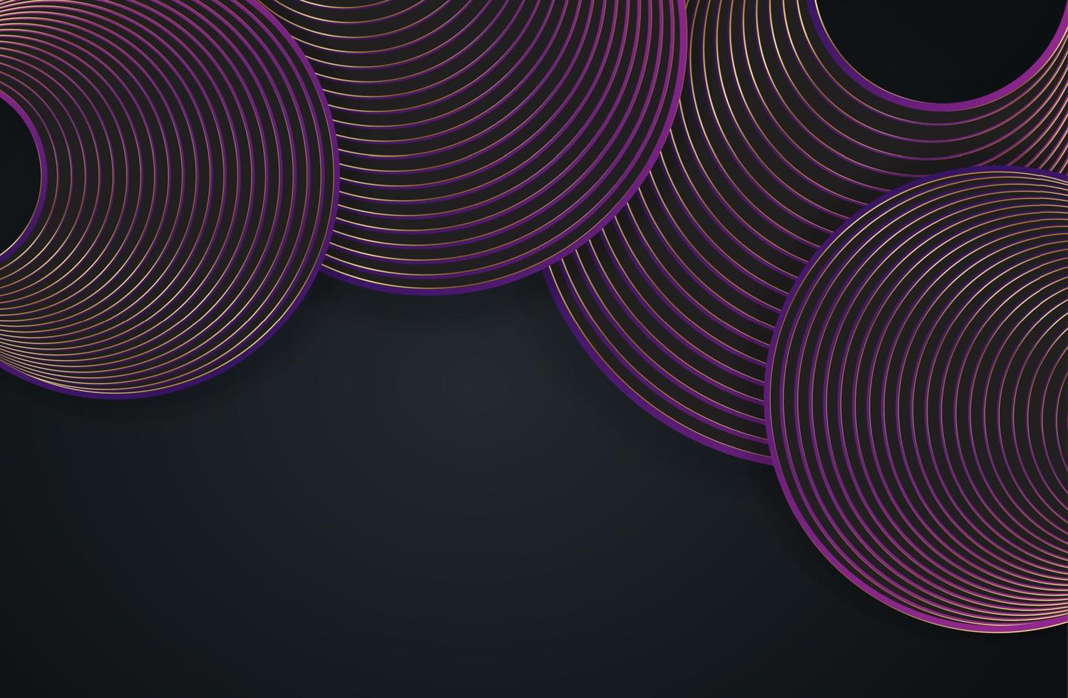 círculos de ouro e roxos de moda abstrata, linhas redondas curvas em fundo preto com efeito de iluminação e brilho com espaço de cópia para texto. estilo de design de luxo. ilustração vetorial, modelo de banner vetor