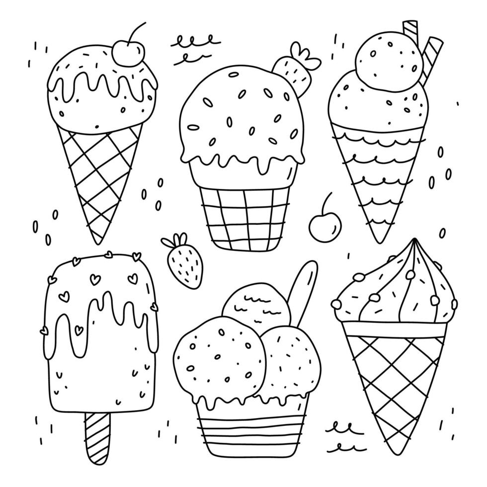 doodle conjunto de sorvetes fofos isolados no fundo branco. comida doce. ilustração vetorial desenhada à mão em estilo doodle. perfeito para vários designs, cartões, decorações, logotipo, menu. vetor