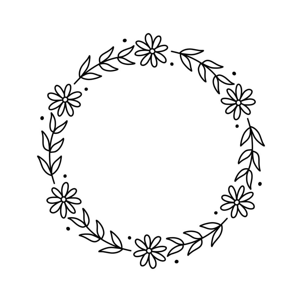 guirlanda floral isolada no fundo branco. moldura redonda com flores. ilustração vetorial desenhada à mão em estilo doodle. perfeito para cartões, convites, decorações, logotipo, vários designs. vetor