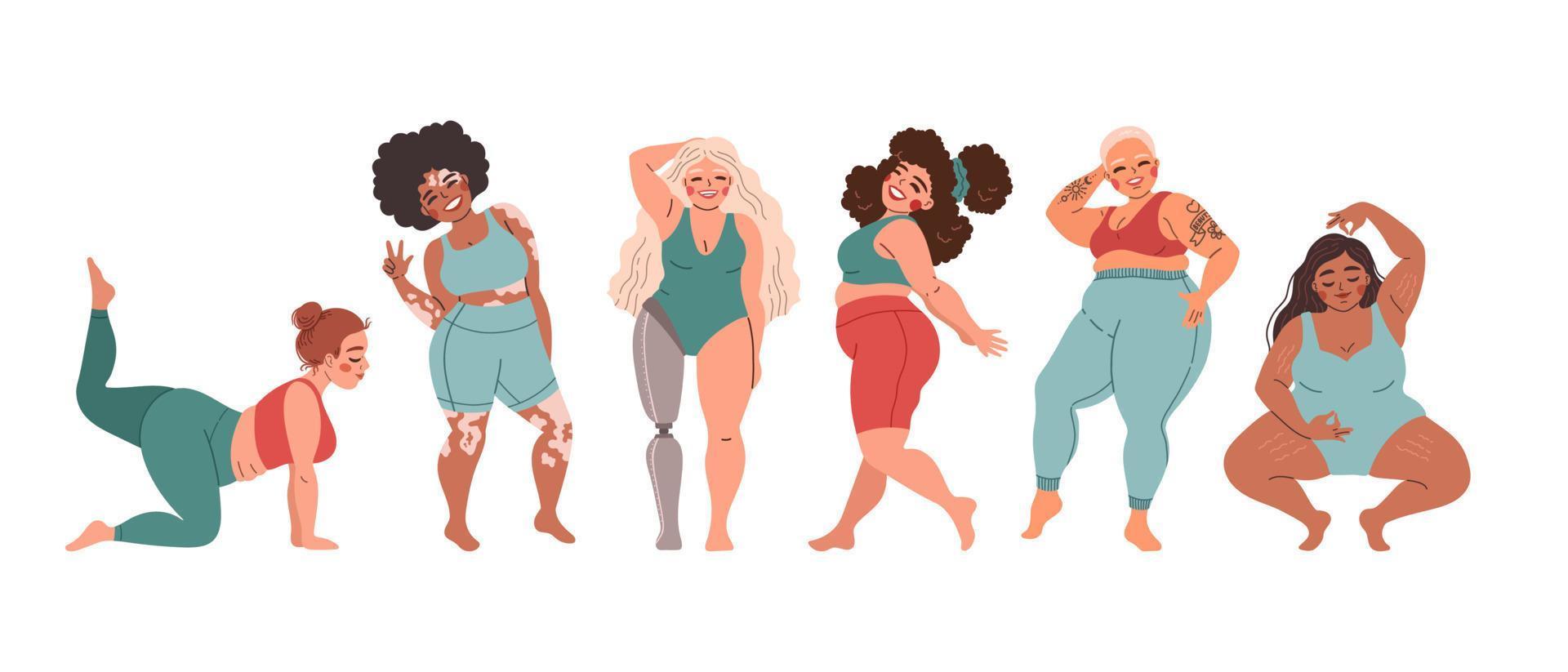 coleção de mulheres corpo-positivas. ilustração vetorial de mulheres bonitas de diversas etnias e tipos de corpo, em roupas íntimas casuais vetor