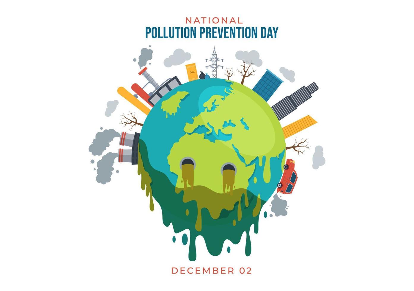 dia nacional de prevenção da poluição para campanha de conscientização sobre problemas de fábrica, floresta ou veículo em modelo de ilustração plana de desenho animado desenhado à mão vetor