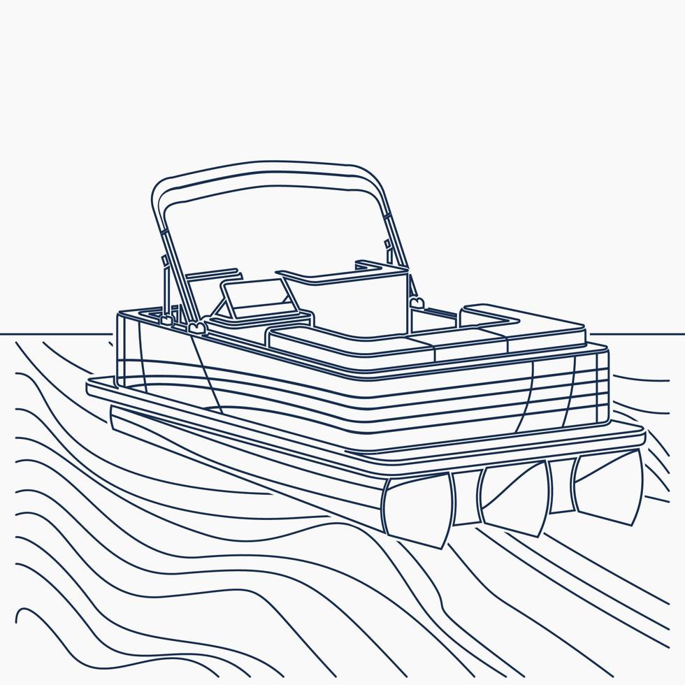Barco de pontão americano de vista frontal oblíqua de três quartos vazio editável em uma ilustração vetorial de lago ondulado em estilo de contorno para design relacionado a transporte ou recreação vetor