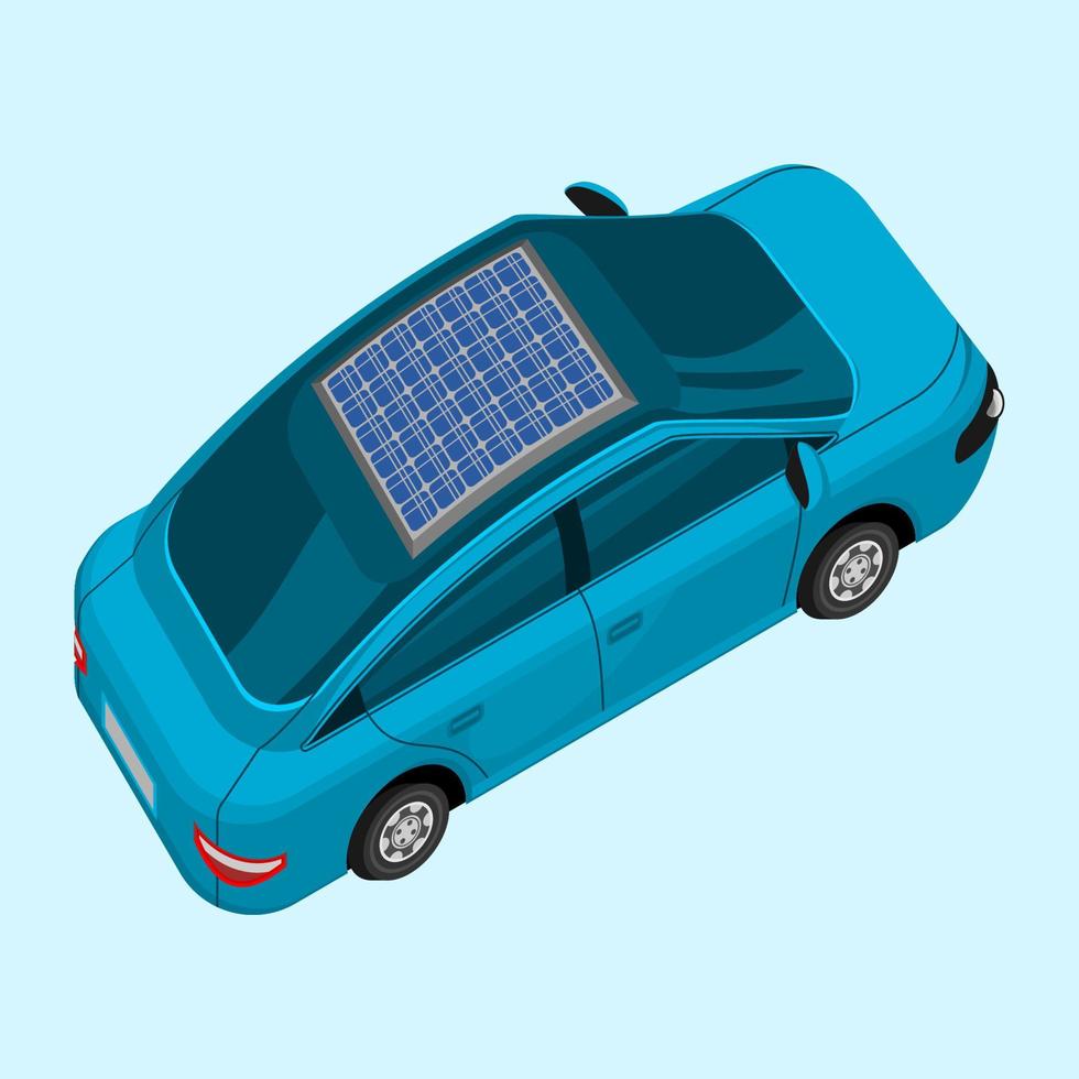 carro elétrico de vista traseira lateral oblíqua superior isolada editável de três quartos com ilustração vetorial de painel solar para veículo ecológico futurista e vida verde ou campanha de energia renovável vetor