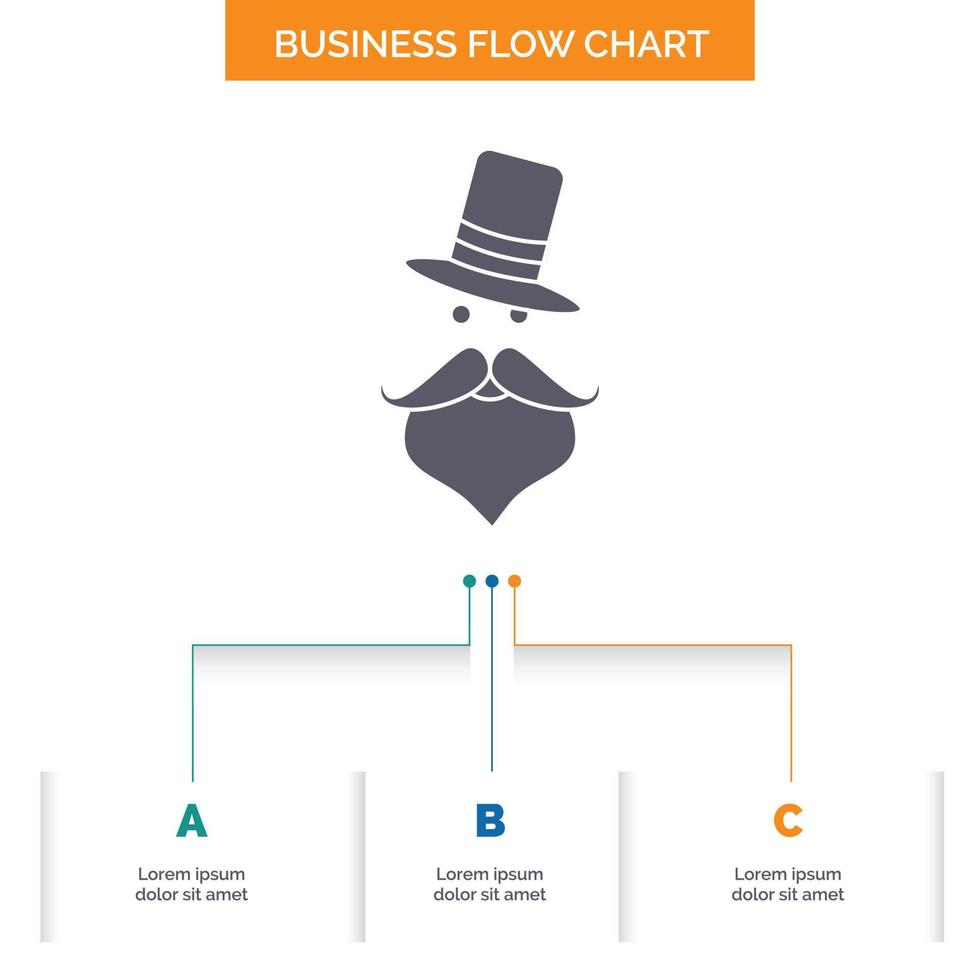 bigode. hipster. moveleiro. papai noel. design de fluxograma de negócios de chapéu com 3 etapas. ícone de glifo para lugar de modelo de plano de fundo de apresentação para texto. vetor