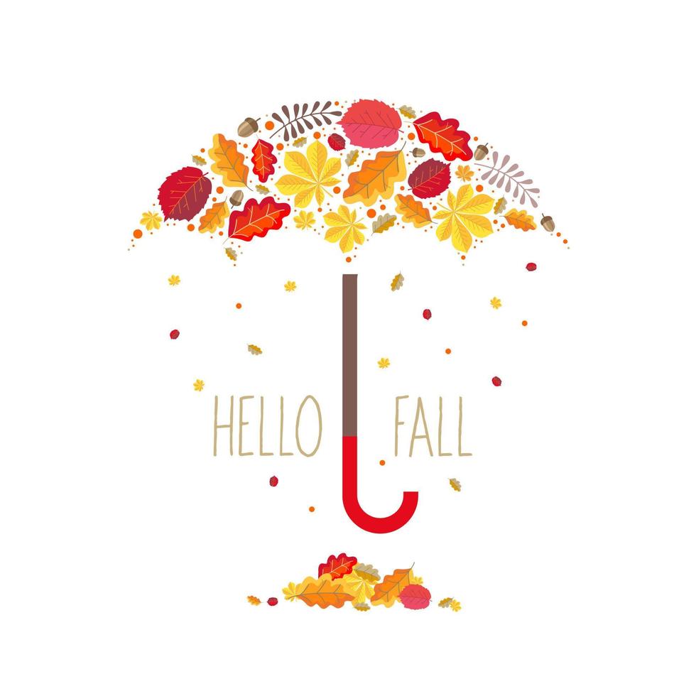 guarda-chuva de outono feito de castanha, avelã, bordo, folhas de carvalho. Olá, saudação de outono. vetor
