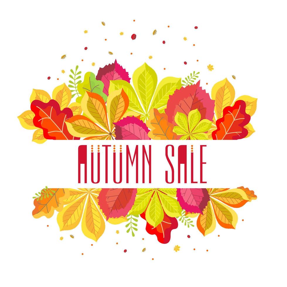 venda de outono de quadro com folhas de outono brilhantes de carvalho, castanha, avelã. vetor