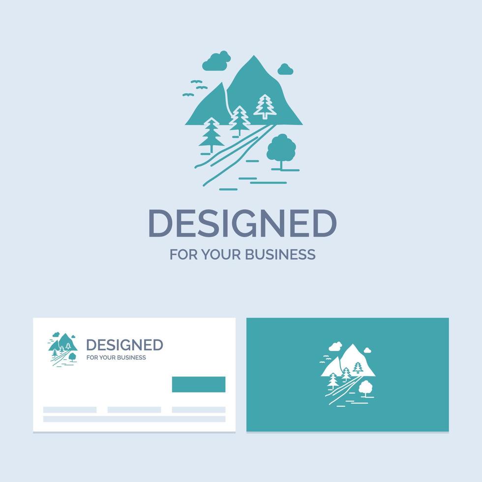 rochas. árvore. colina. montanha. símbolo de ícone de glifo de logotipo de negócios de natureza para o seu negócio. cartões de visita turquesa com modelo de logotipo da marca. vetor