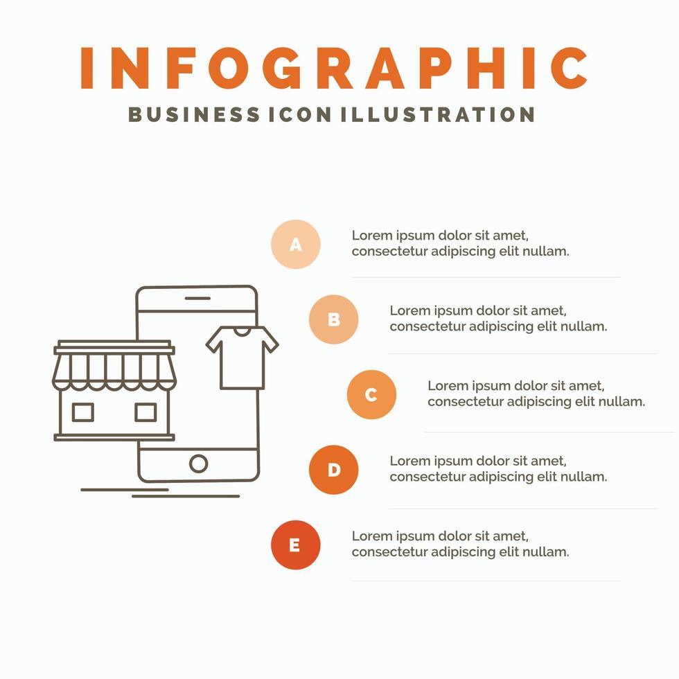 Shopping. roupas. Comprar. conectados. modelo de infográficos de loja para site e apresentação. ícone de linha cinza com ilustração vetorial de estilo infográfico laranja vetor