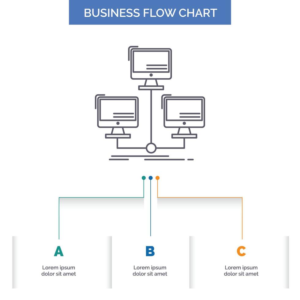 base de dados. distribuído. conexão. rede. design de fluxograma de negócios de computador com 3 etapas. ícone de linha para modelo de plano de fundo de apresentação lugar para texto vetor