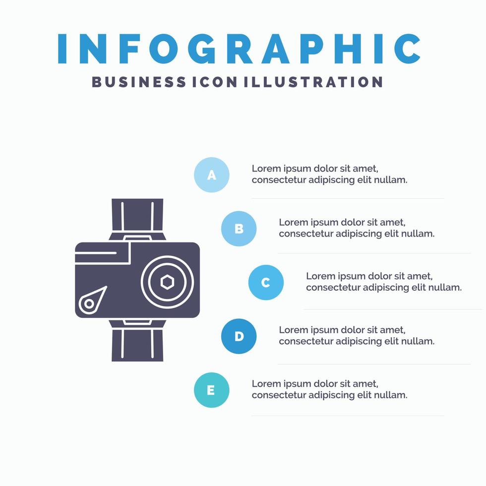 Câmera. ação. digital. vídeo. modelo de infográficos de fotos para site e apresentação. ícone de glifo cinza com ilustração em vetor estilo infográfico azul.