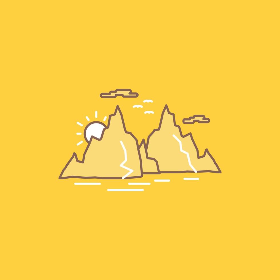 montanha. colina. paisagem. natureza. ícone cheio de linha plana de sol. botão de logotipo bonito sobre fundo amarelo para ui e ux. site ou aplicativo móvel vetor