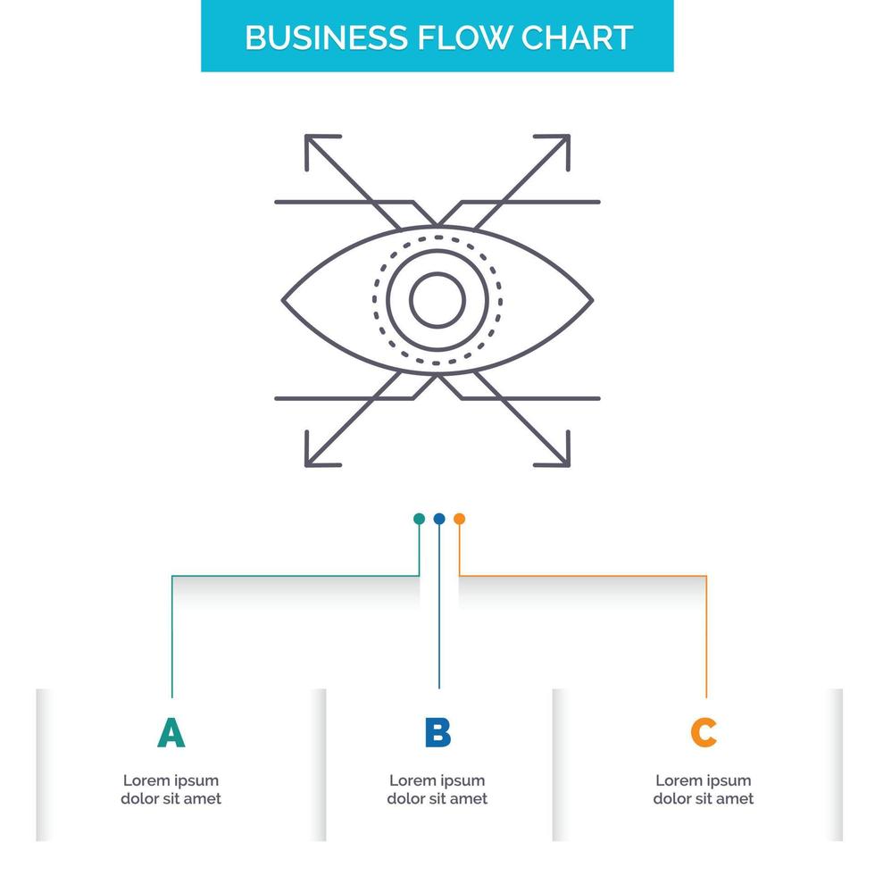 o negócio. olho. olhar. design de fluxograma de negócios de visão com 3 etapas. ícone de linha para lugar de modelo de plano de fundo de apresentação para texto vetor