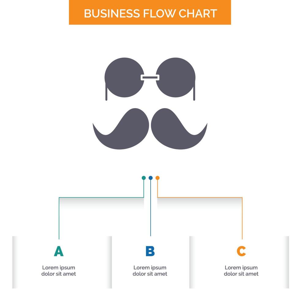 bigode. hipster. moveleiro. óculos. design de fluxograma de negócios de homens com 3 etapas. ícone de glifo para lugar de modelo de plano de fundo de apresentação para texto. vetor