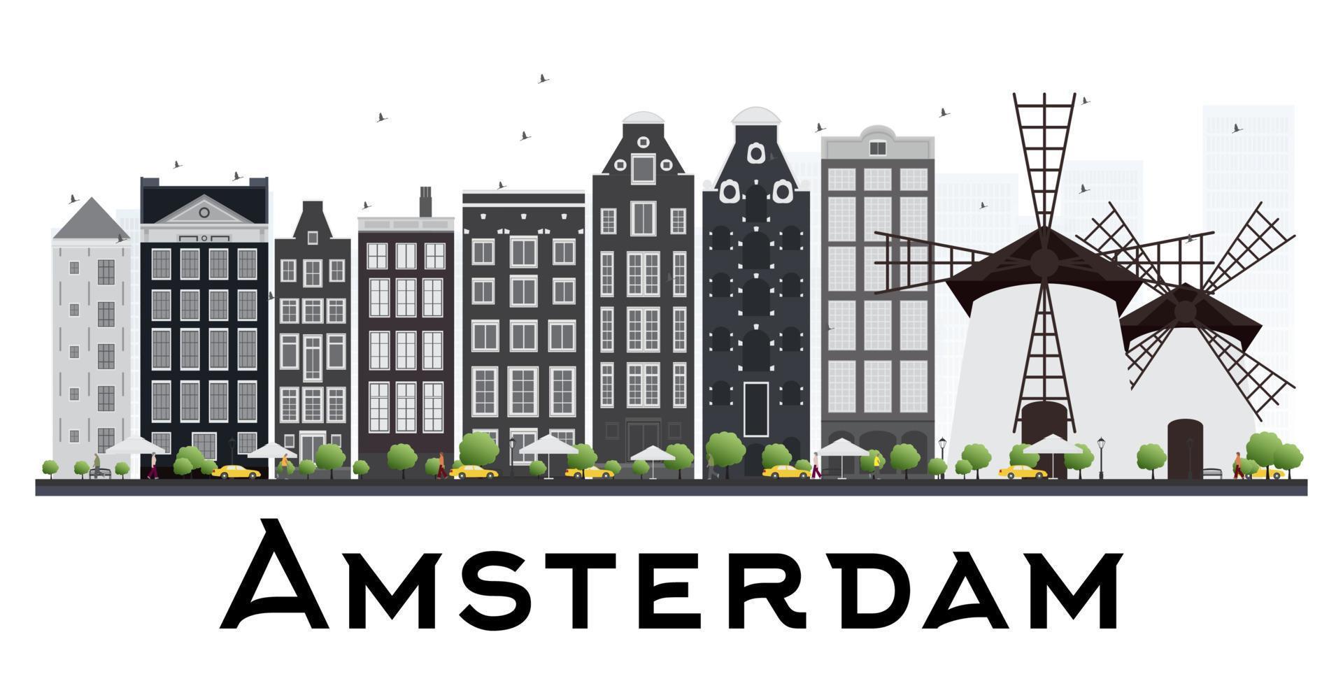 skyline de amsterdã holanda com prédios cinza isolados no fundo branco. vetor