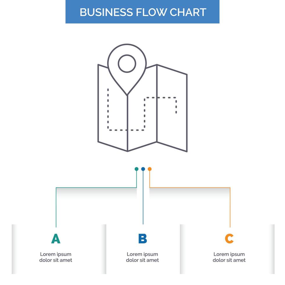 mapa. acampamento. plano. acompanhar. design de fluxograma de negócios de localização com 3 etapas. ícone de linha para modelo de plano de fundo de apresentação lugar para texto vetor