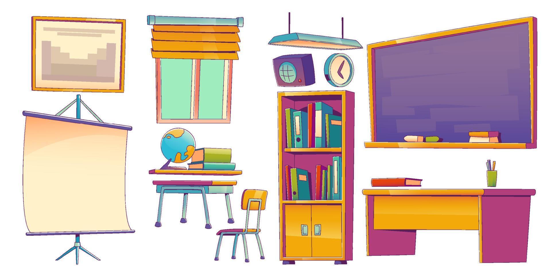 conjunto de móveis de sala de aula, coisas de interior de classe vetor