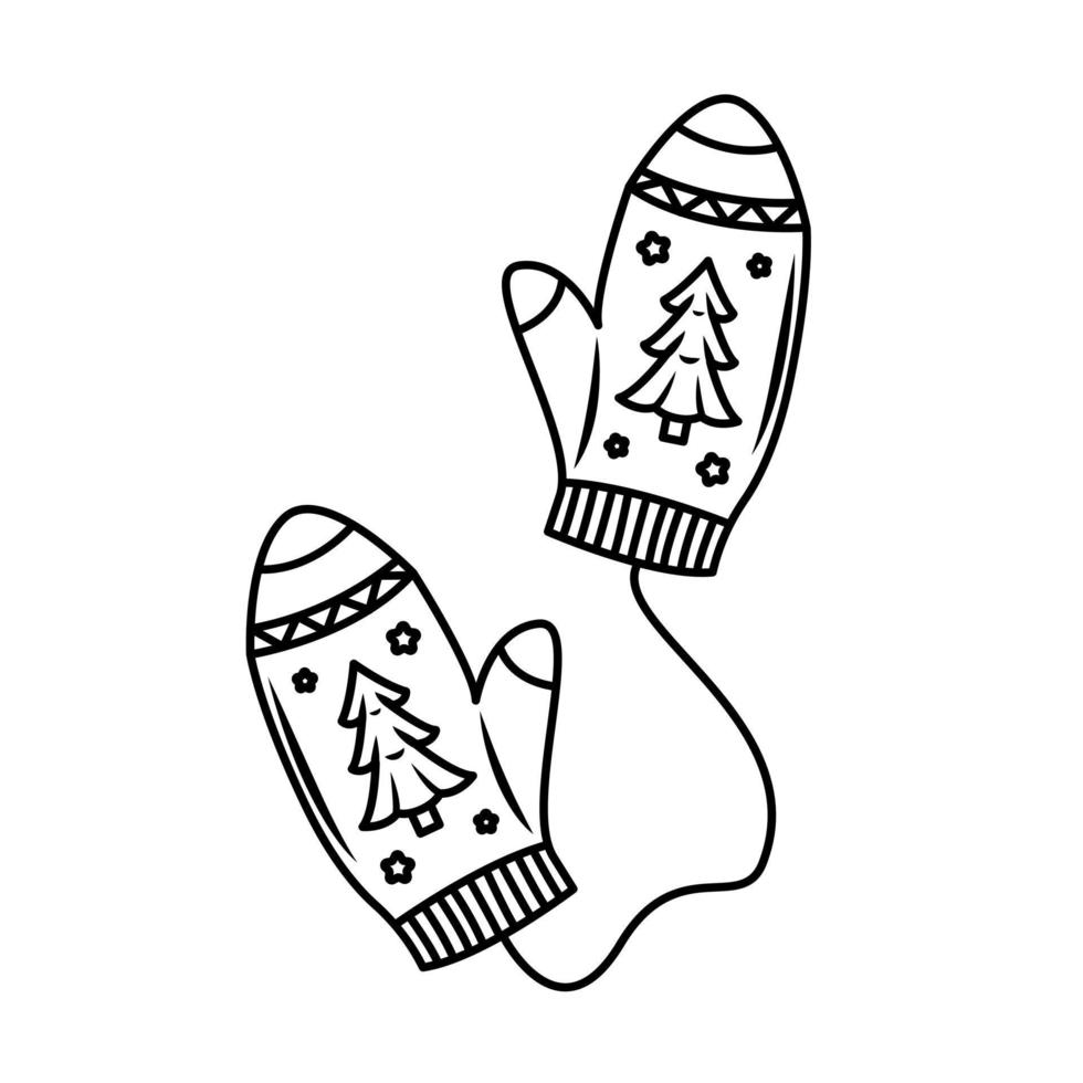 luvas de natal fofas em uma corda com um padrão de árvore de natal. uma simples peça de roupa de inverno. ilustração vetorial isolada em um fundo branco. vetor