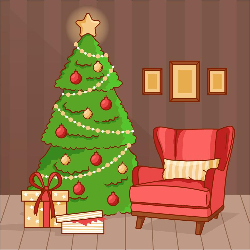 uma sala decorada para o natal e ano novo. uma poltrona vermelha perto da árvore de natal com presentes. vector o interior de ano novo em um estilo simples.