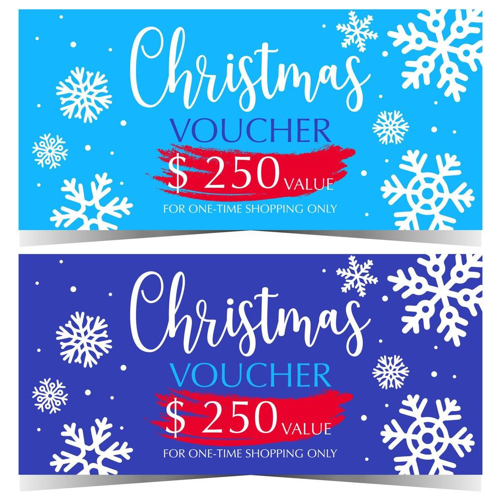 voucher de natal ou modelo de design de cartão de presente de natal com flocos de neve em fundo azul. vector horizontal novo ano ou certificado de presente de natal ou cupom para compras de venda de férias de inverno.